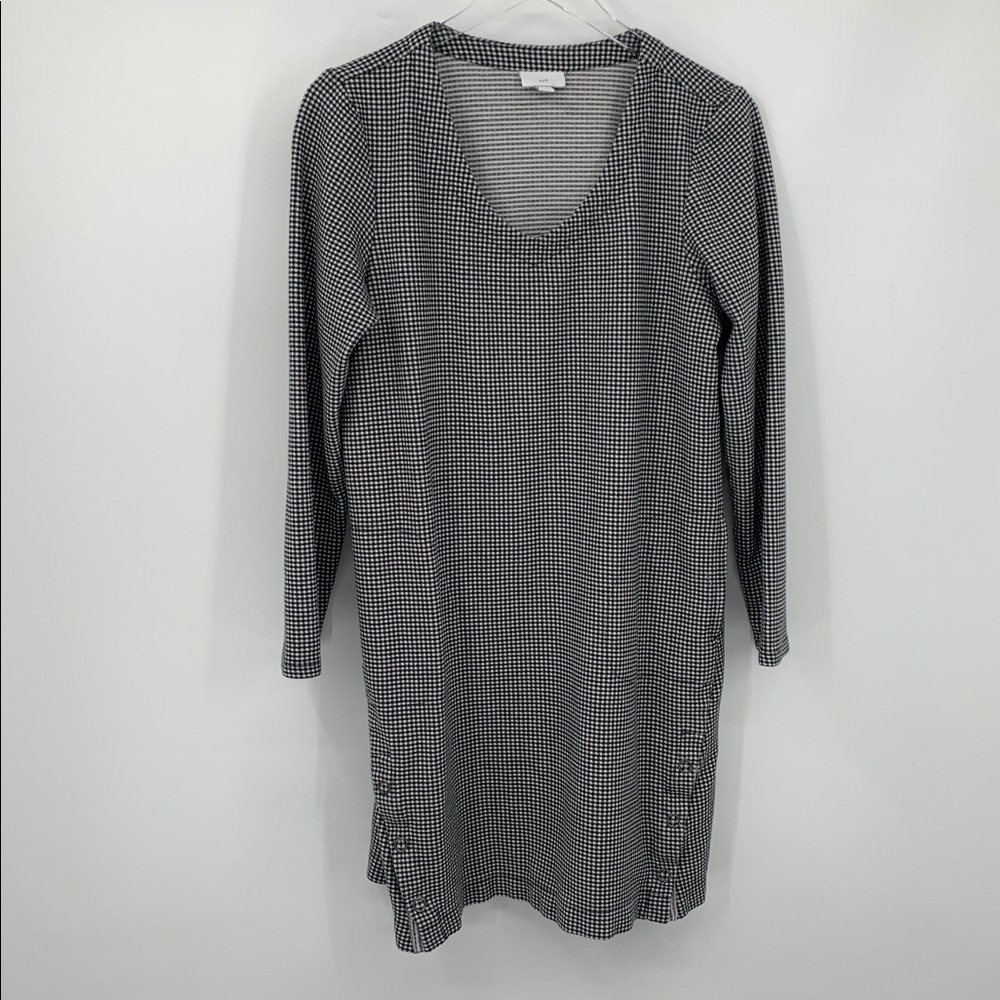 J Jill shift dress black white check plaid long sleeve v-neck knit stretch M